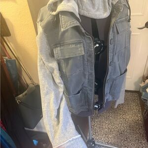 Free People Charcoal Distressed Denim Jacket with Hoodie